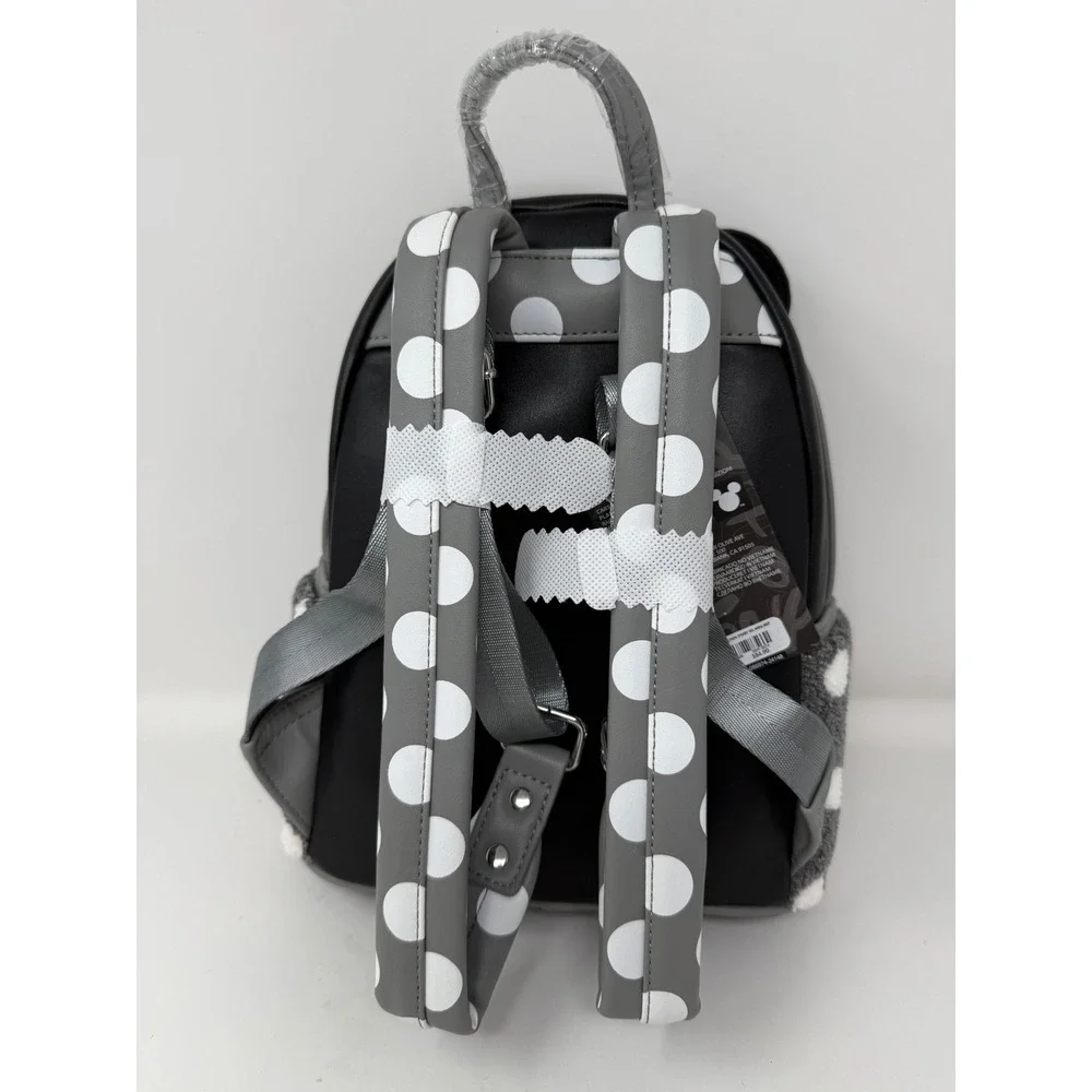 Loungefly Disney Minnie Mouse Vintage Polka Dot Sherpa Mini Backpack Black Grey